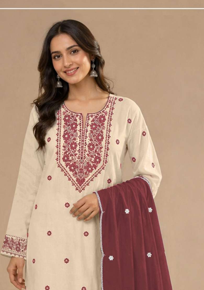White Embroidered Khadi Salwar Kameez - Indya
