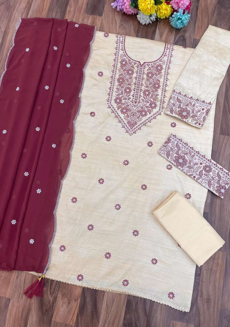 White Embroidered Khadi Salwar Kameez - Indya