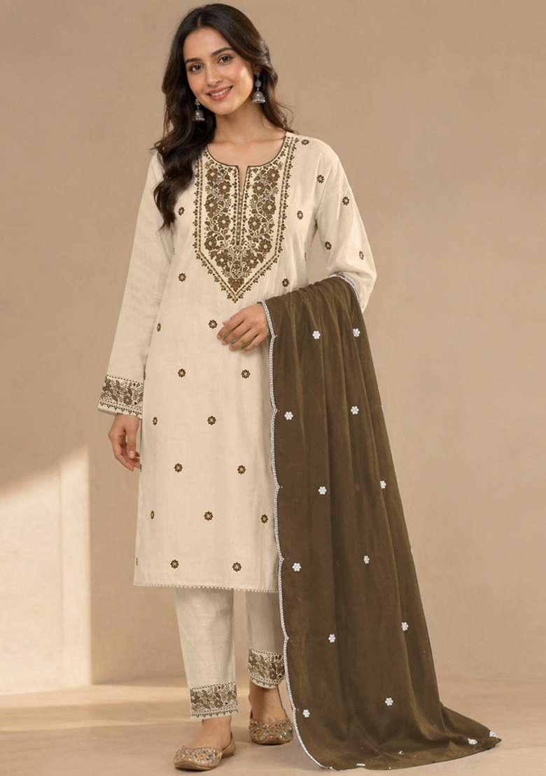 White Embroidered Khadi Salwar Kameez - Indya