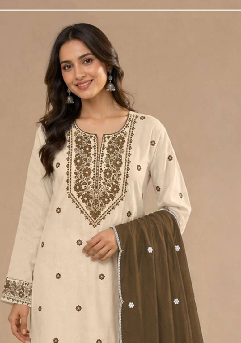 White Embroidered Khadi Salwar Kameez - Indya