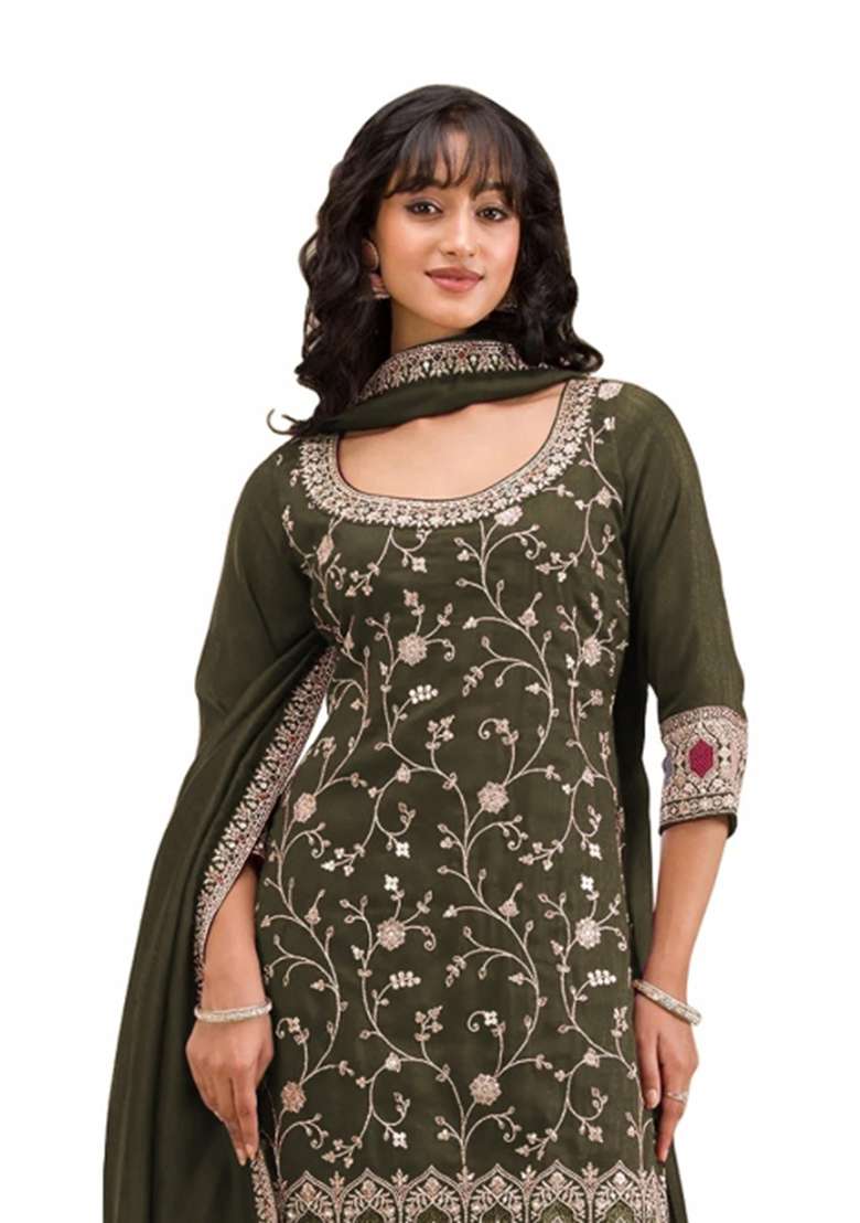 Mehendi Embroidered Silk Blend Salwar Kameez - Indya