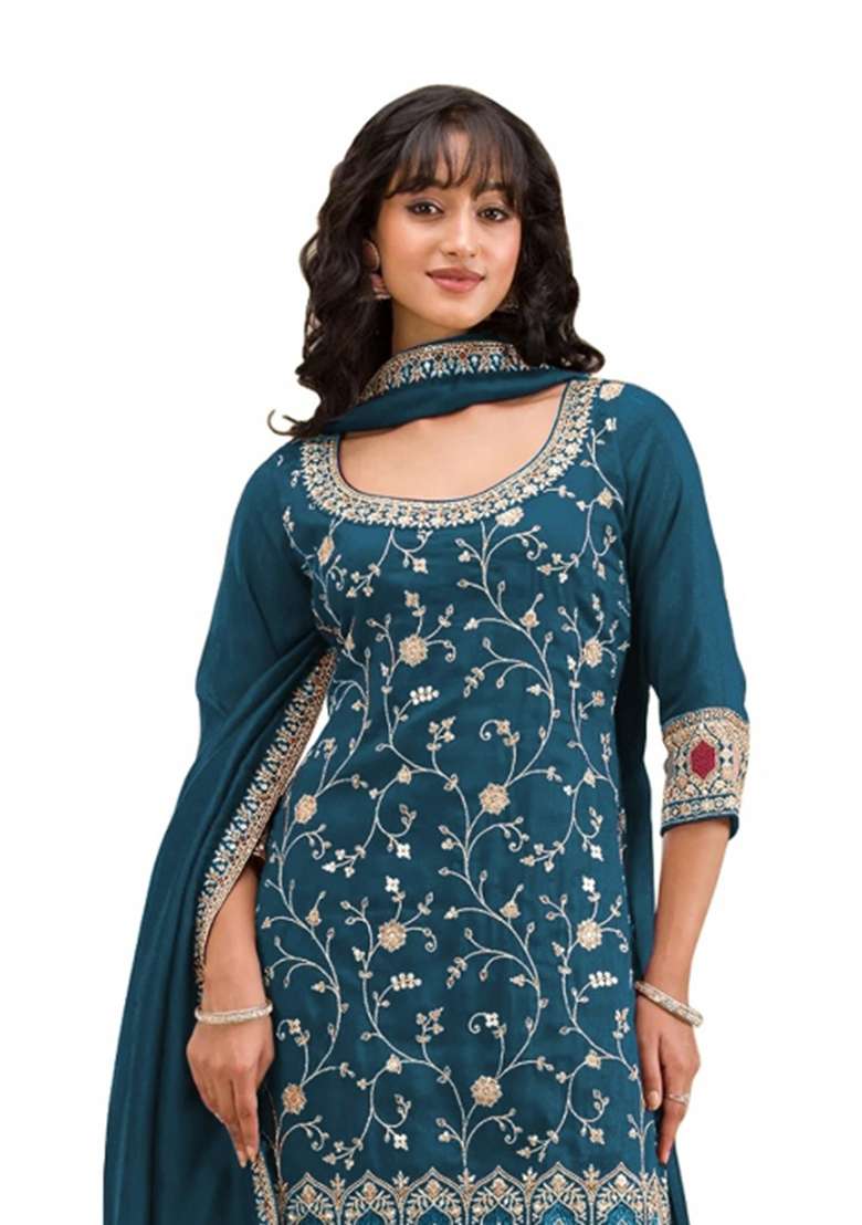 Teal Blue Embroidered Silk Blend Salwar Kameez - Indya