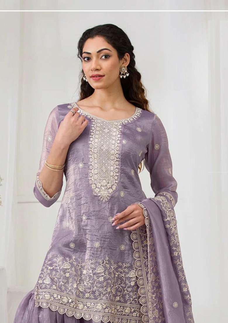 Lavender Embroidered Silk Blend Salwar Kameez - Indya
