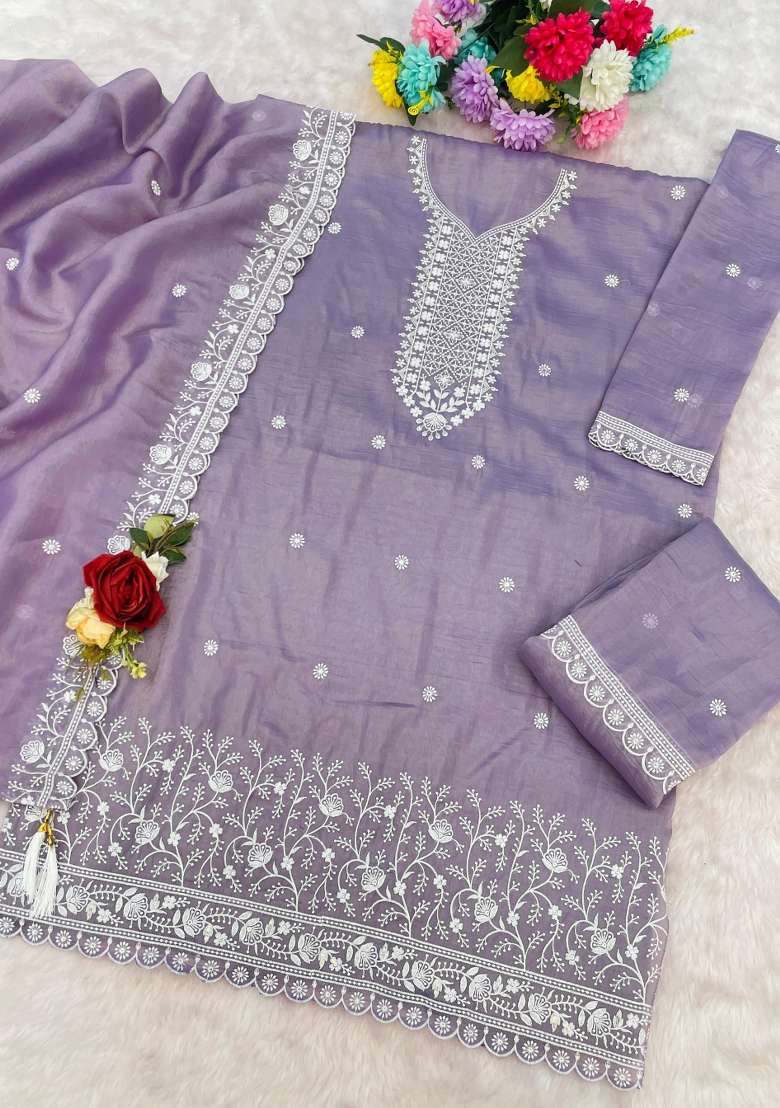 Lavender Embroidered Silk Blend Salwar Kameez - Indya