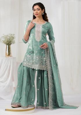 Aqua Blue Embroidered Silk Blend Salwar Kameez