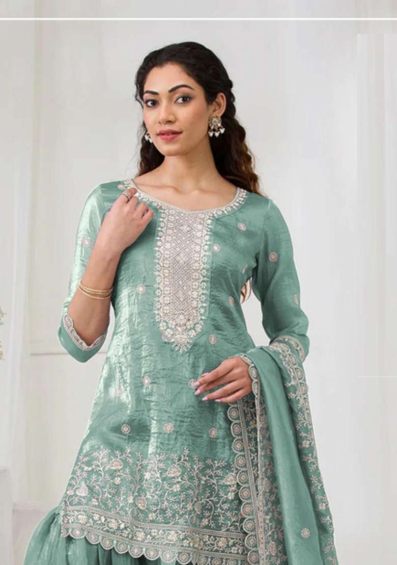 Aqua Blue Embroidered Silk Blend Salwar Kameez - Indya