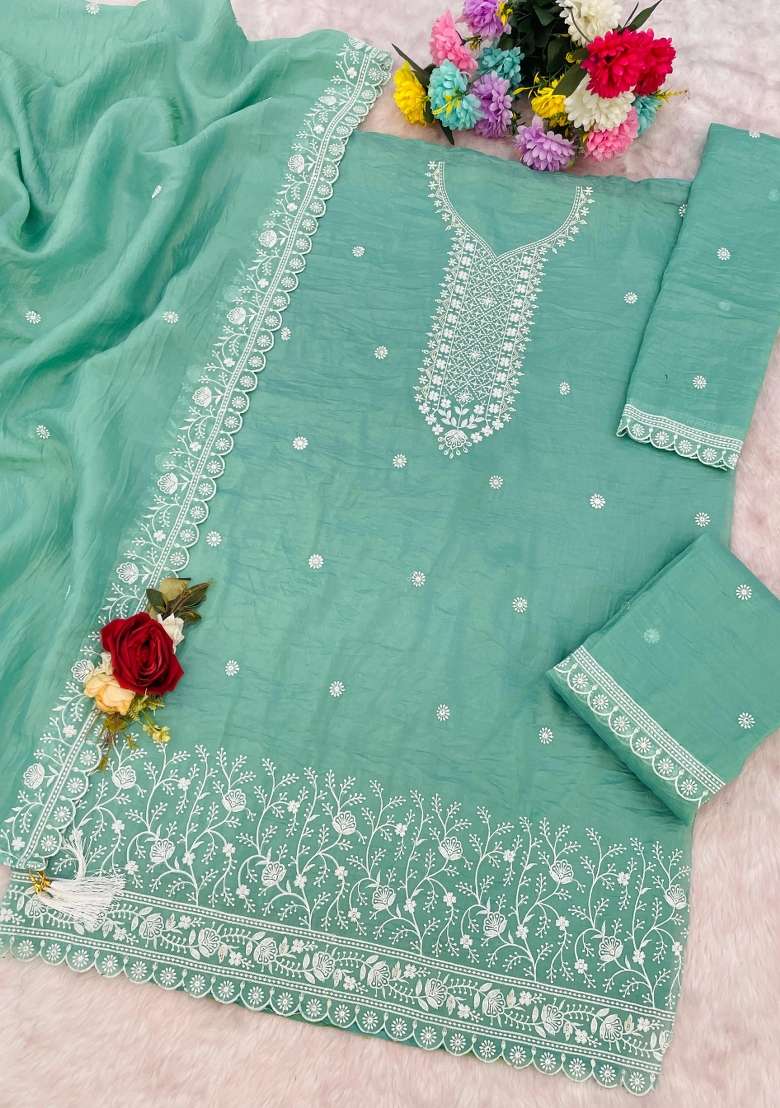 Aqua Blue Embroidered Silk Blend Salwar Kameez - Indya