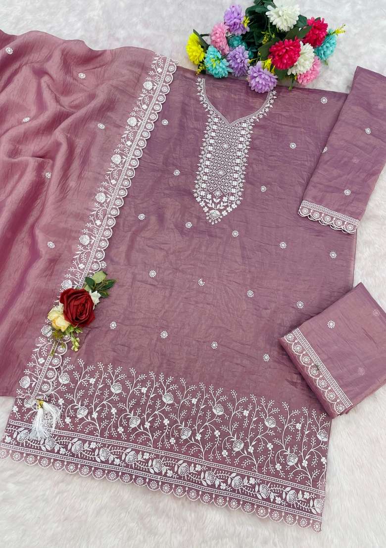 Peach Embroidered Silk Blend Salwar Kameez - Indya