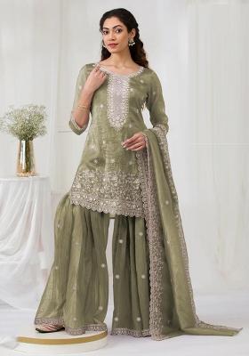 Green Embroidered Silk Blend Salwar Kameez