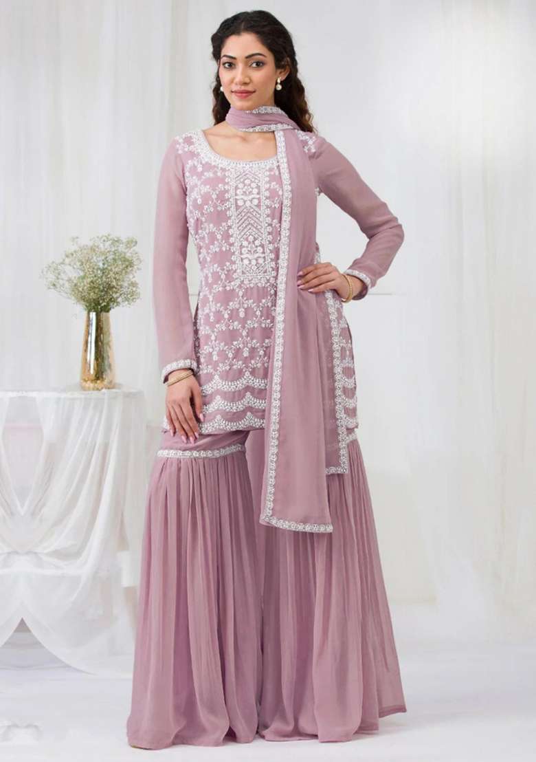 Baby Pink Embroidered Georgette Salwar Kameez - Indya