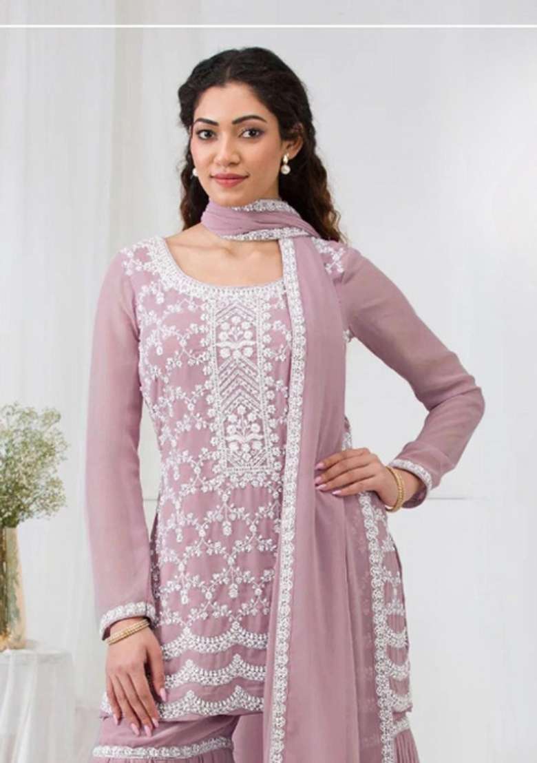 Baby Pink Embroidered Georgette Salwar Kameez - Indya