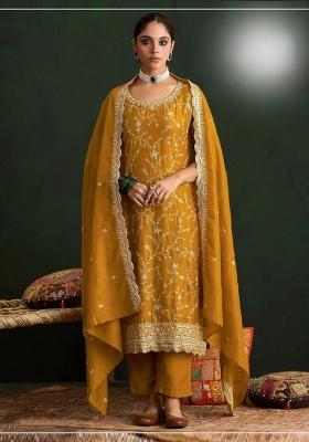Mustard Embroidered Silk Blend Salwar Kameez