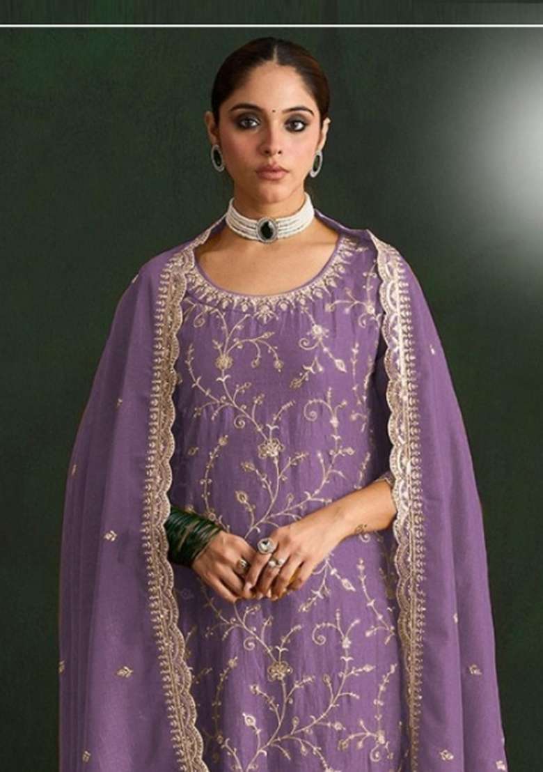 Purple Embroidered Silk Blend Salwar Kameez - Indya