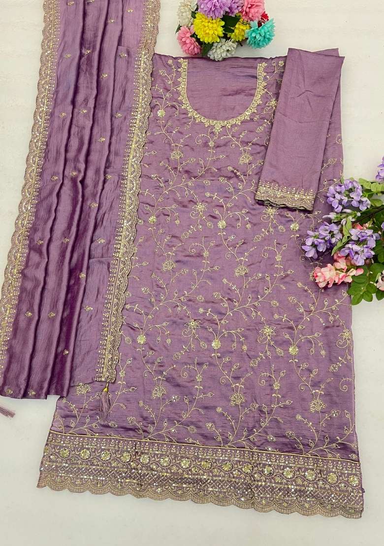 Purple Embroidered Silk Blend Salwar Kameez - Indya