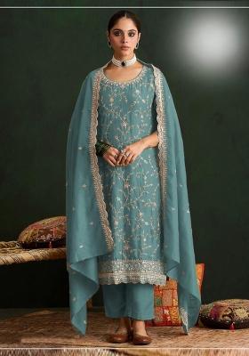 Blue Embroidered Silk Blend Salwar Kameez