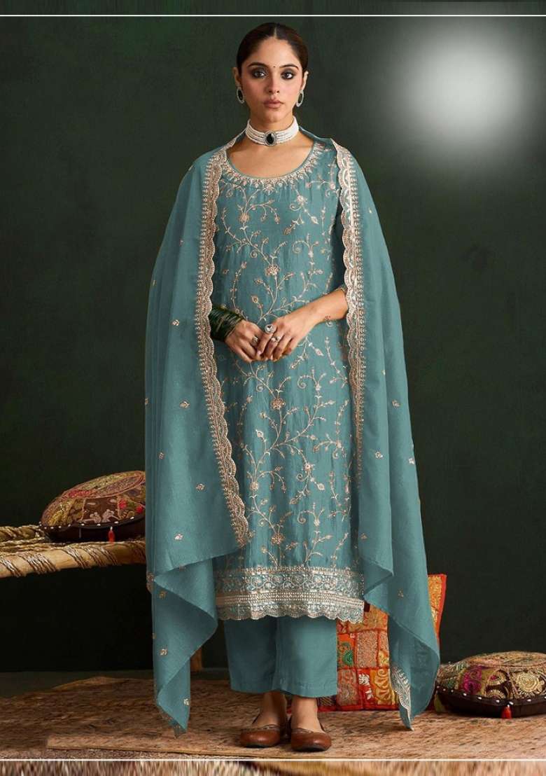 Blue Embroidered Silk Blend Salwar Kameez - Indya