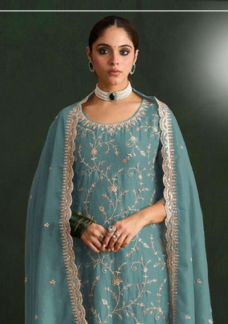 Blue Embroidered Silk Blend Salwar Kameez - Indya