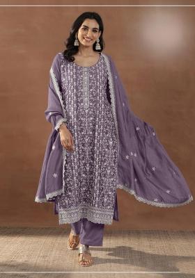 Purple Embroidered Silk Blend Salwar Kameez