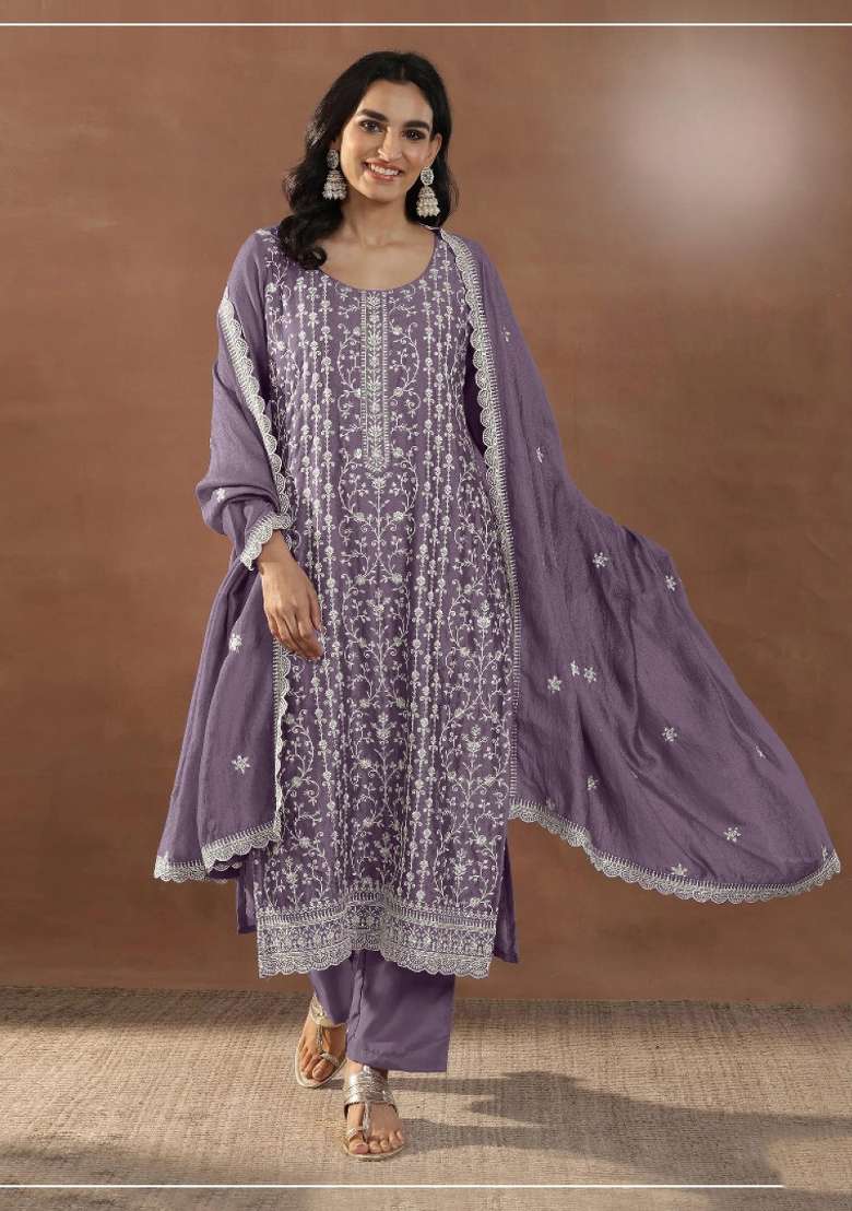 Purple Embroidered Silk Blend Salwar Kameez - Indya