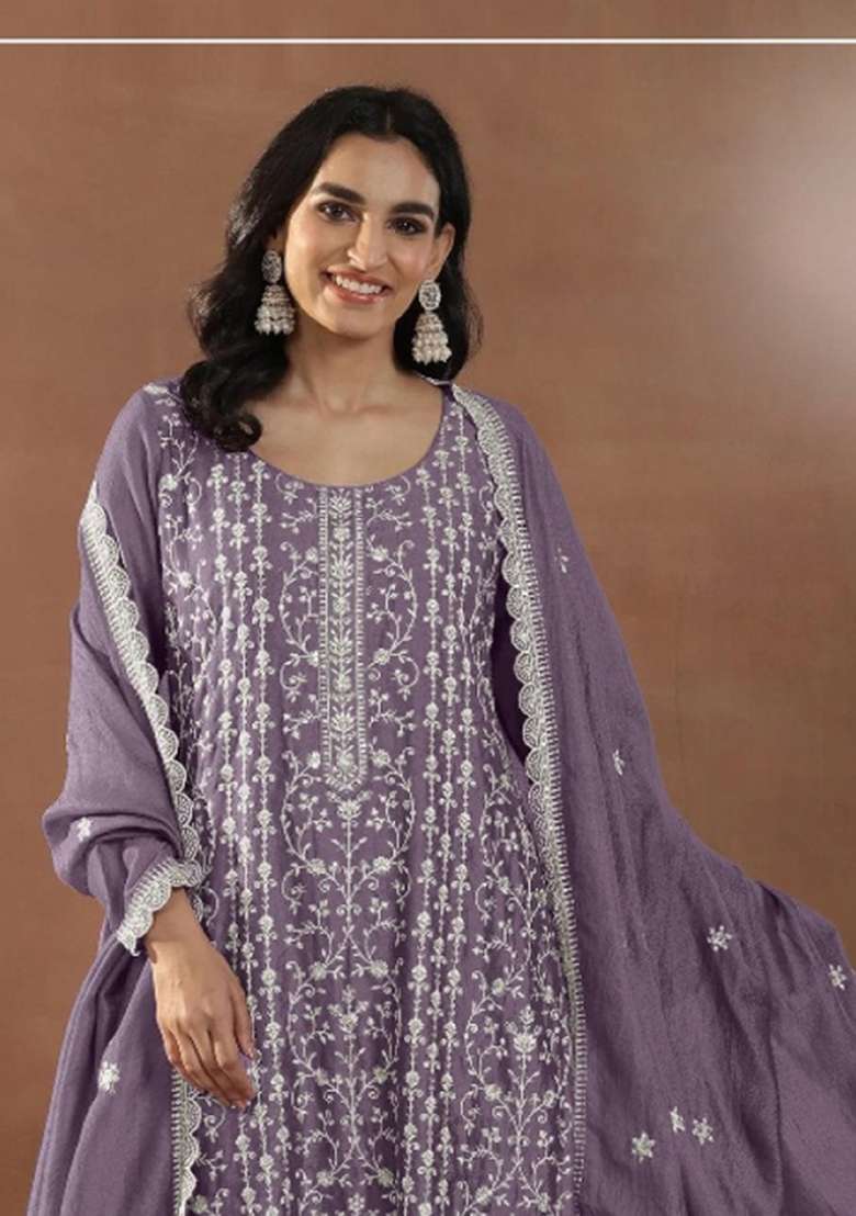 Purple Embroidered Silk Blend Salwar Kameez - Indya