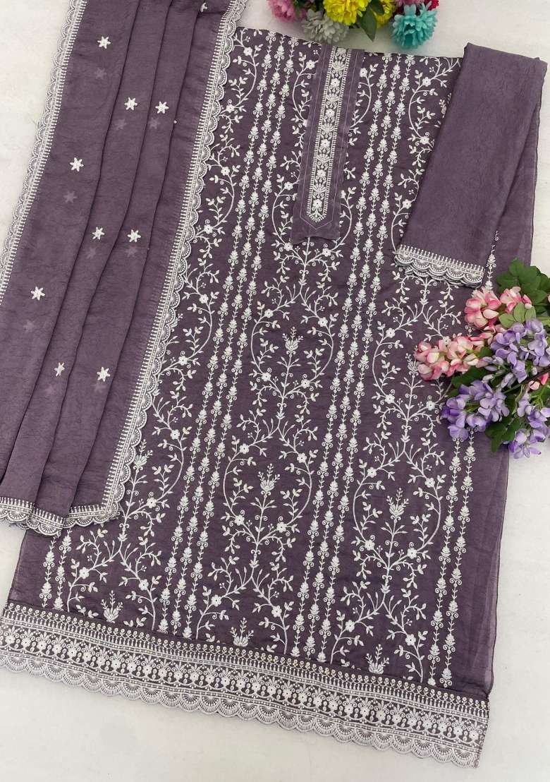 Purple Embroidered Silk Blend Salwar Kameez - Indya