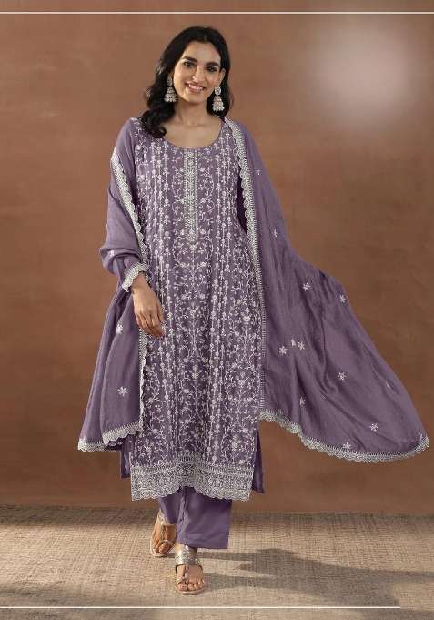Purple Embroidered Silk Blend Salwar Kameez