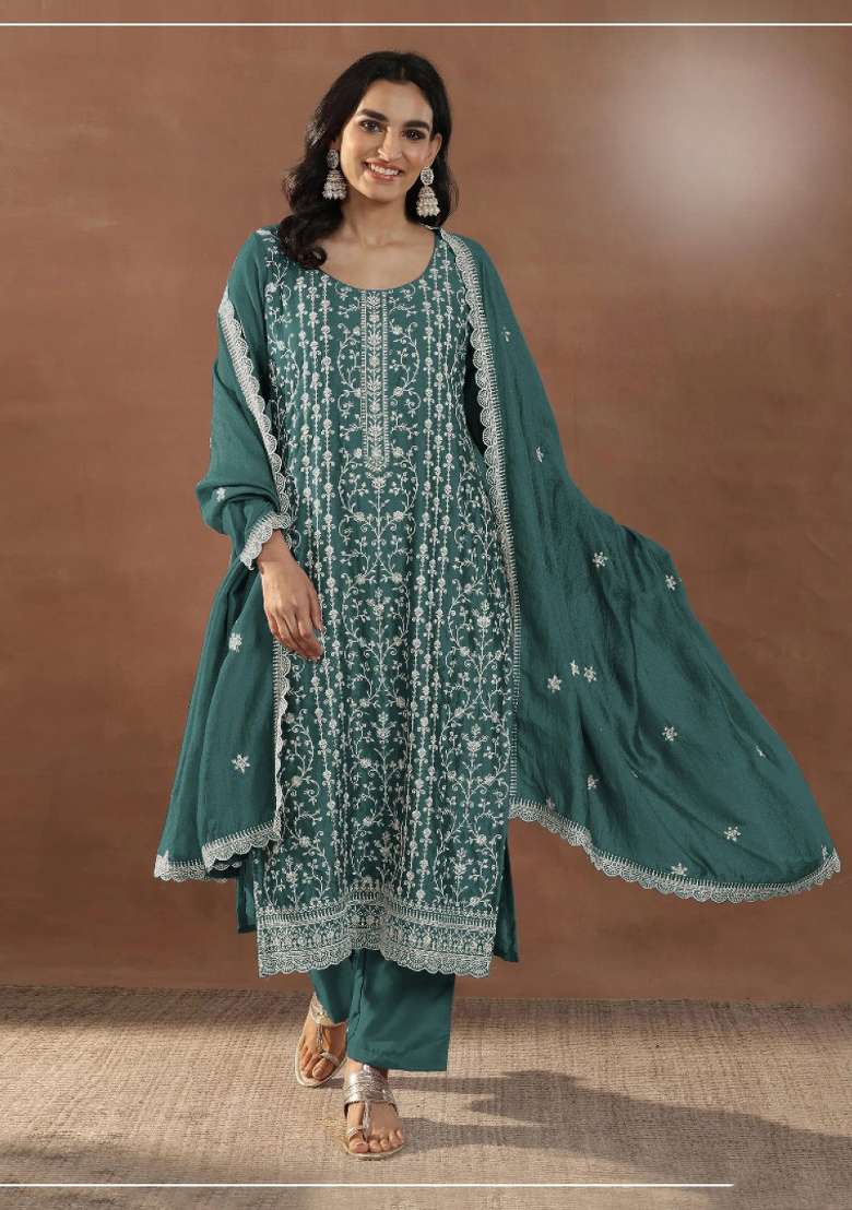 Emerald Embroidered Silk Blend Salwar Kameez - Indya