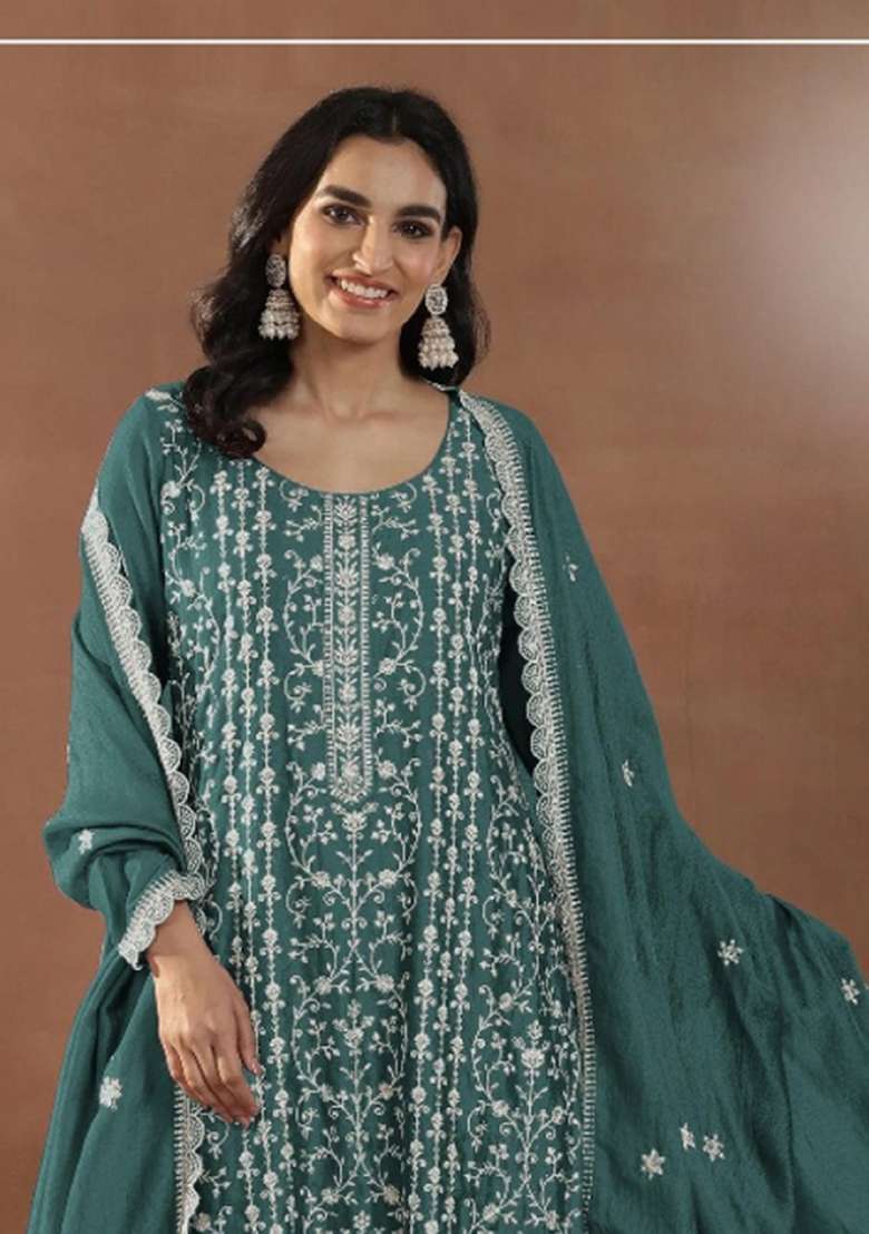 Emerald Embroidered Silk Blend Salwar Kameez - Indya