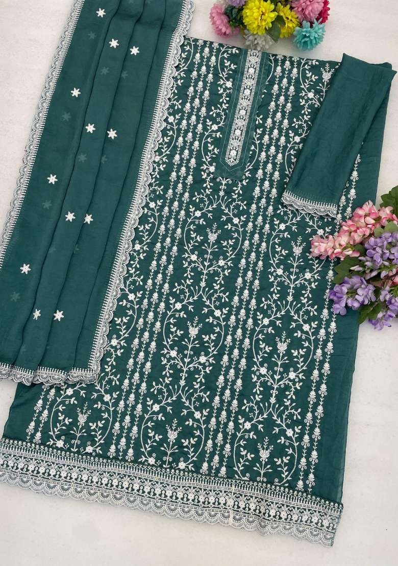 Emerald Embroidered Silk Blend Salwar Kameez - Indya