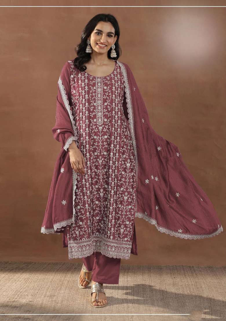 Maroon Embroidered Silk Blend Salwar Kameez - Indya
