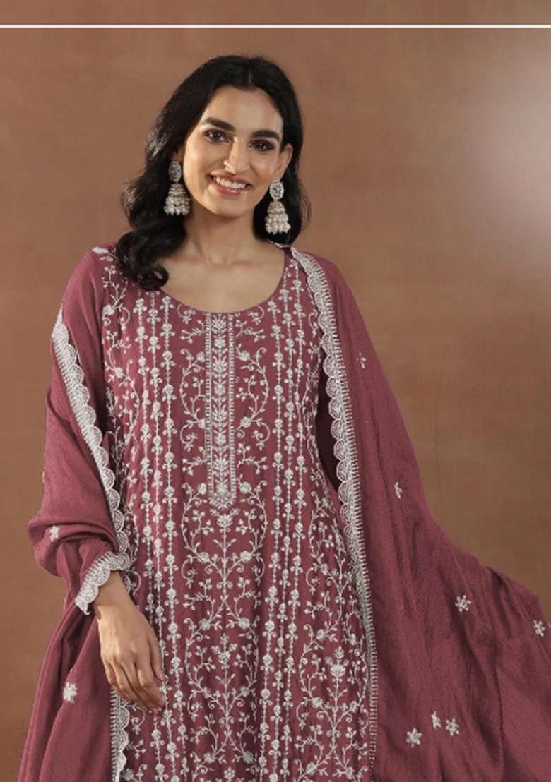 Maroon Embroidered Silk Blend Salwar Kameez - Indya