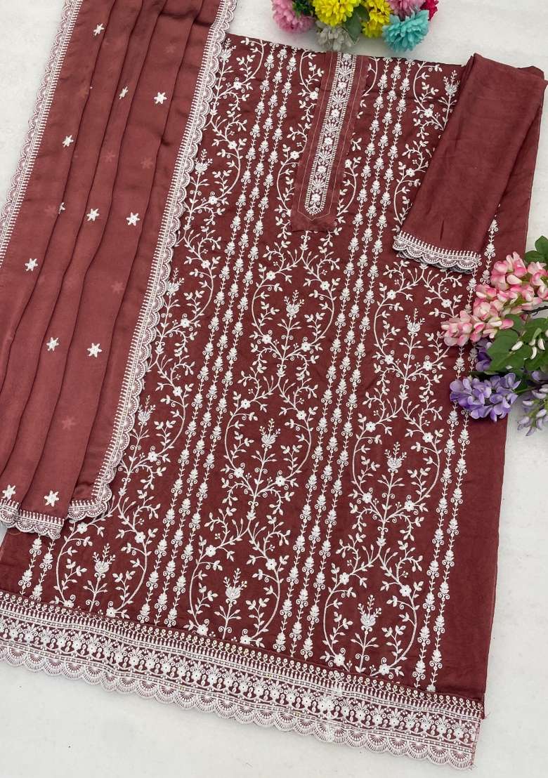 Maroon Embroidered Silk Blend Salwar Kameez - Indya