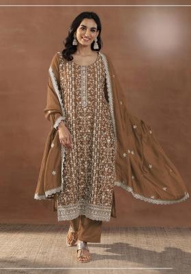 Dark Mustard Embroidered Silk Blend Salwar Kameez