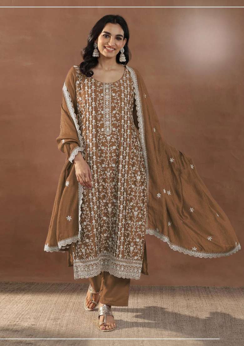 Dark Mustard Embroidered Silk Blend Salwar Kameez - Indya
