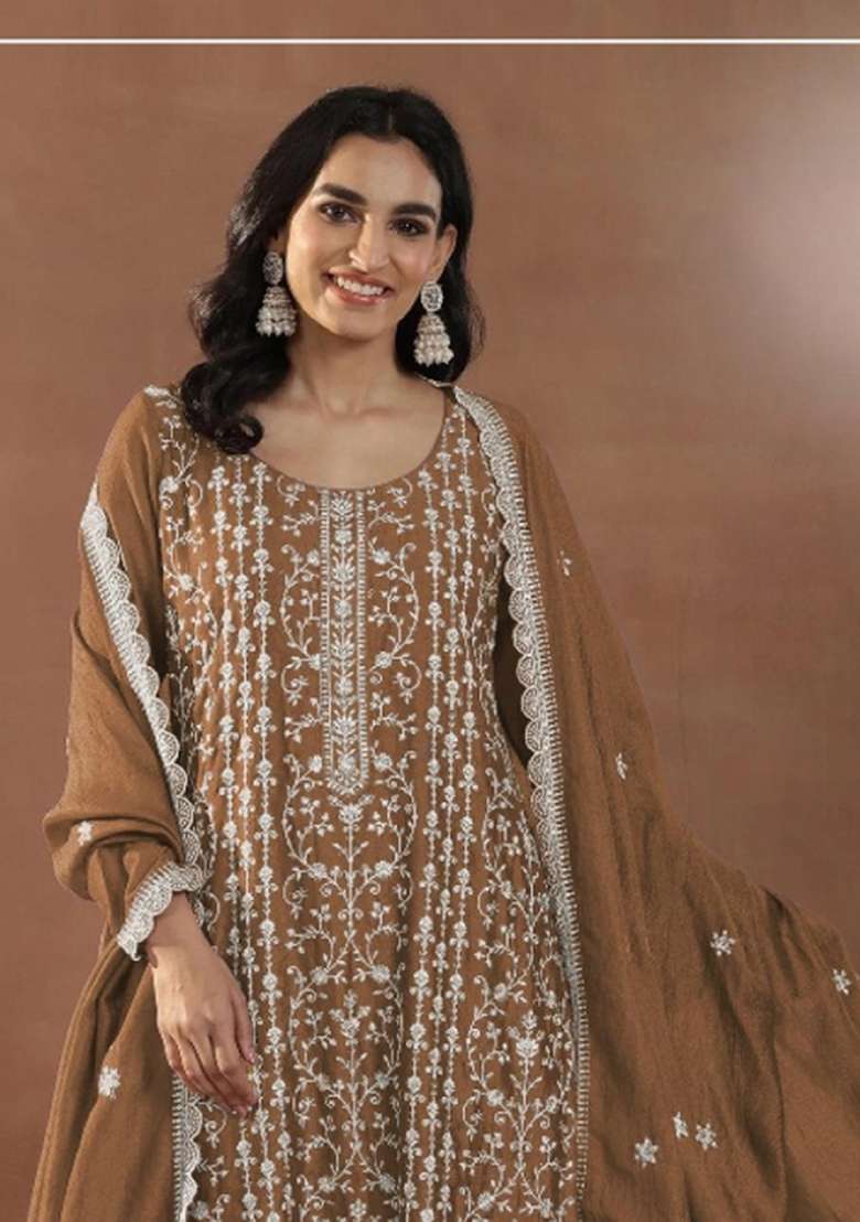 Dark Mustard Embroidered Silk Blend Salwar Kameez - Indya