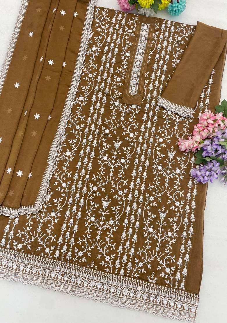 Dark Mustard Embroidered Silk Blend Salwar Kameez - Indya