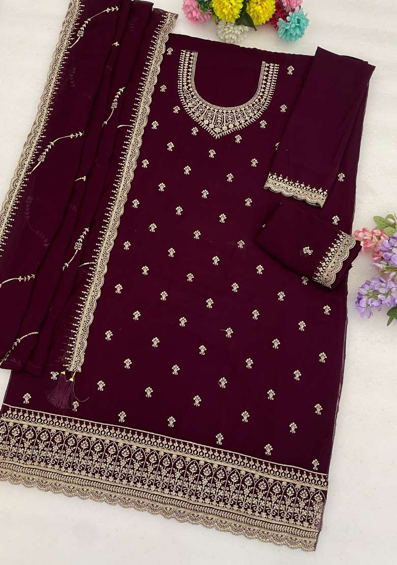 Wine Embroidered Georgette Salwar Kameez - Indya