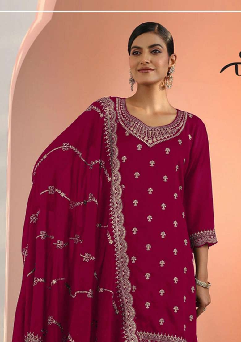 Dark Red Embroidered Georgette Salwar Kameez - Indya