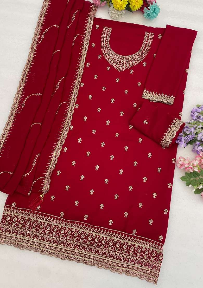 Dark Red Embroidered Georgette Salwar Kameez - Indya