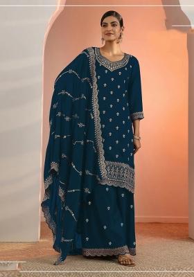 Teal Blue Embroidered Georgette Salwar Kameez