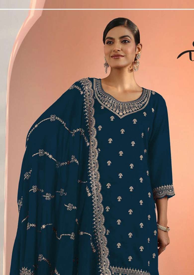 Teal Blue Embroidered Georgette Salwar Kameez - Indya