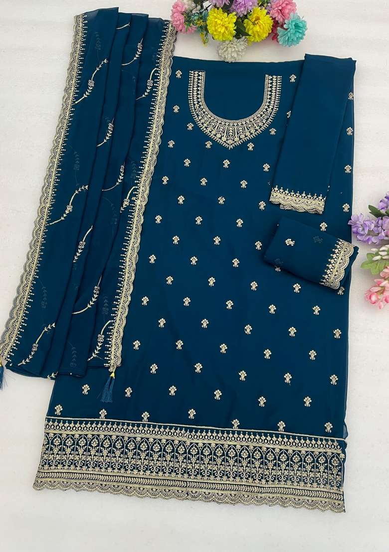 Teal Blue Embroidered Georgette Salwar Kameez - Indya