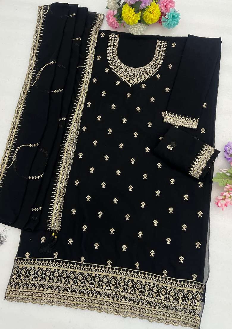 Black Embroidered Georgette Salwar Kameez - Indya