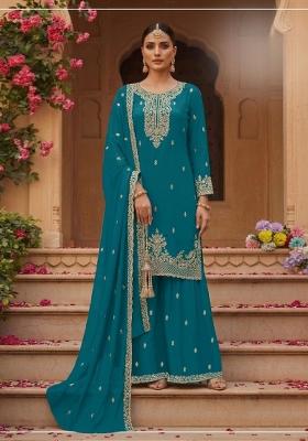 Teal Blue Embroidered Georgette Salwar Kameez