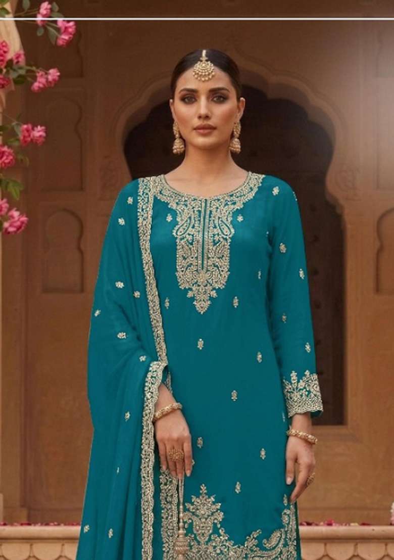 Teal Blue Embroidered Georgette Salwar Kameez - Indya