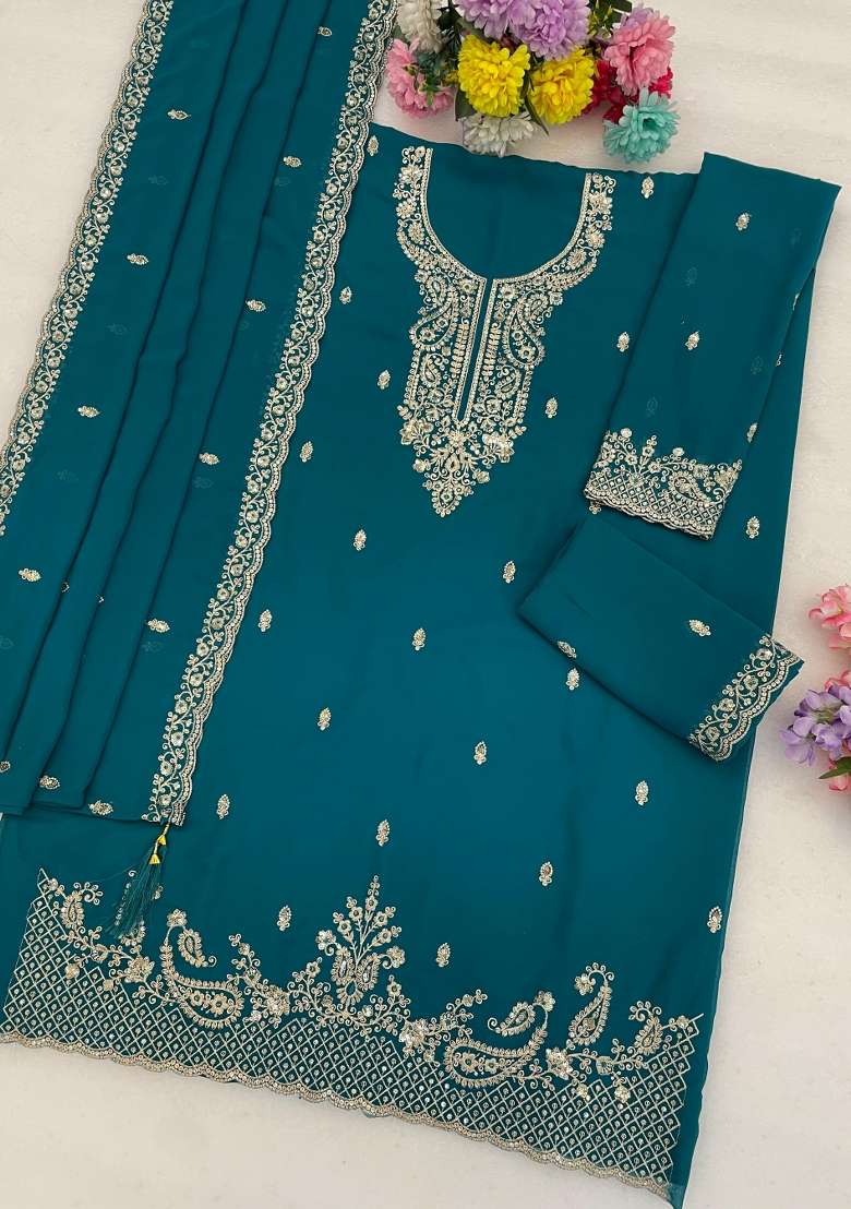 Teal Blue Embroidered Georgette Salwar Kameez - Indya