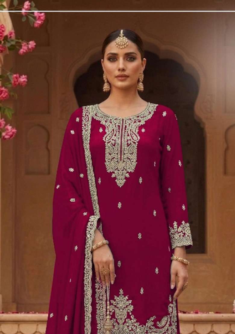Red Embroidered Georgette Salwar Kameez - Indya