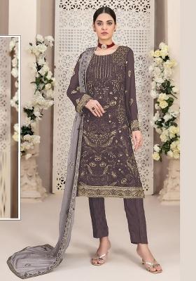 Dark Grey Embroidered Georgette Pakistani Suit