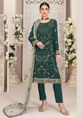 Teal Green Embroidered Georgette Pakistani Suit