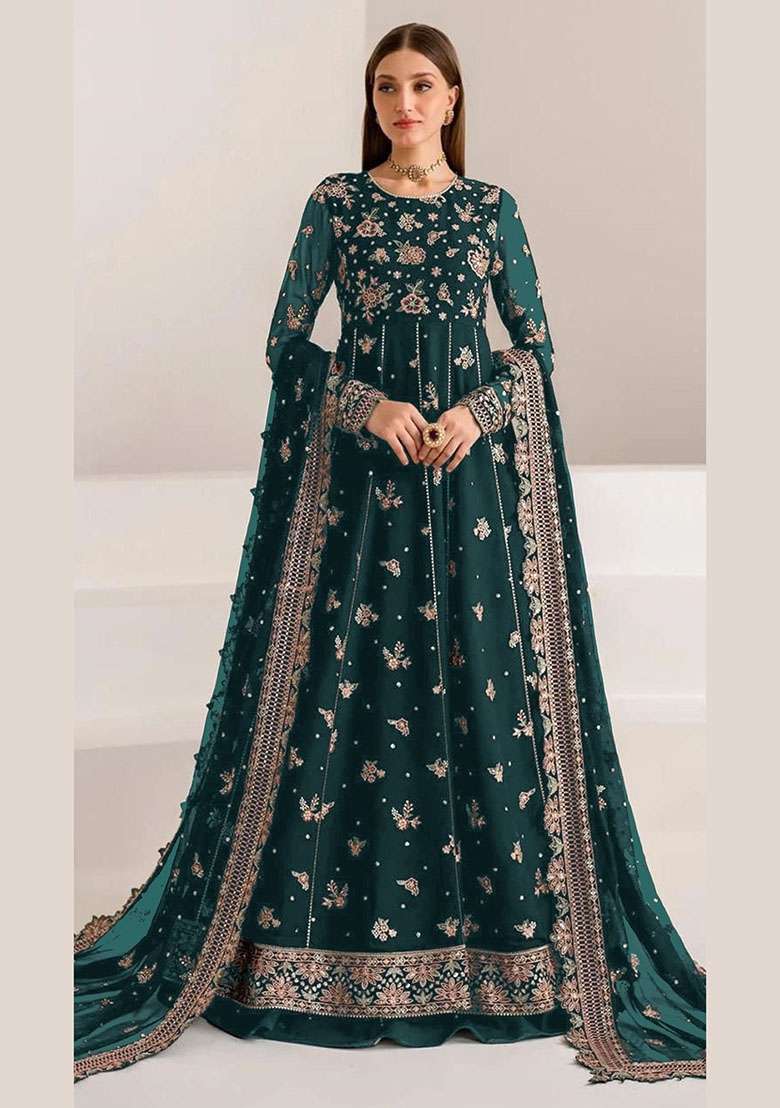 Teal Green Embroidered Georgette Anarkali Set - Indya